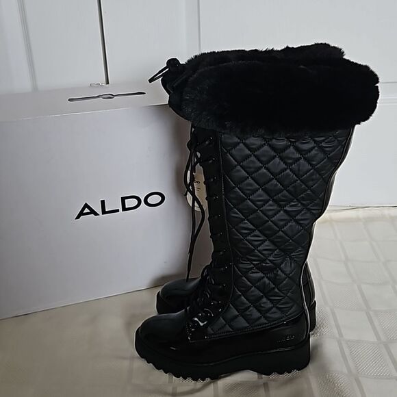 Aldo Women's Laralima Tall Quilted Lace-Up Faux Fur Trim Waterproof Boots 6 Blac - Picture 1 of 16